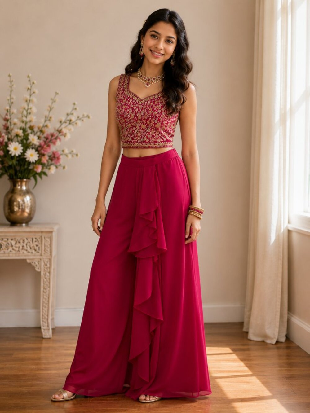 Girls Hot Pink Embroidered Crop Top & Palazzo Pants Set|Indian Ethnic Party Wear